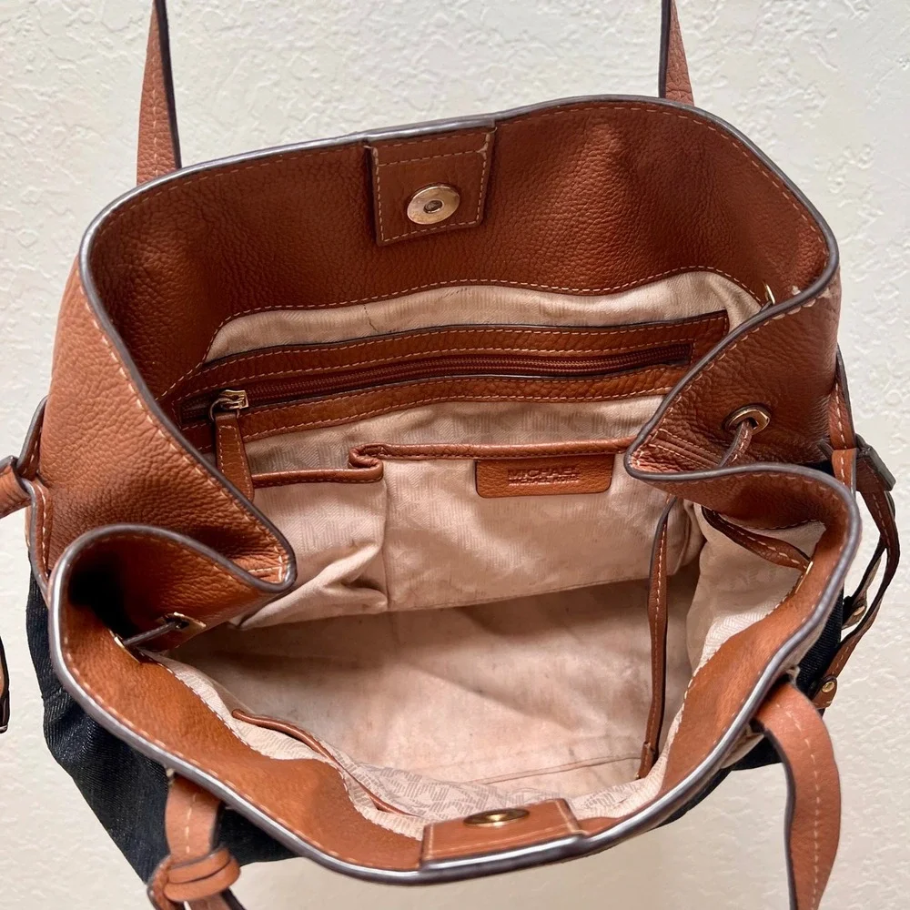 Michael Kors Marina Drawstring Denim Brown Leather Tote Shoulder Bag Designer